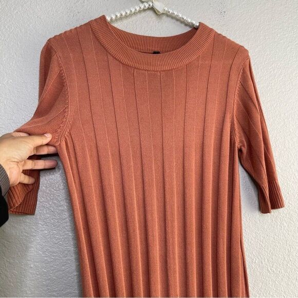 VEDA Large Knit Long Dress Casual 3/4 Sleeve Ribbed Colorblock Stripe High Neck - Picture 2 of 10